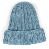 Handgestrickte Rippenmütze Stella mit Umschlag – Blau Meliert