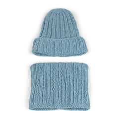 Handgestrickte Rippenmütze Stella mit Umschlag – Blau Meliert