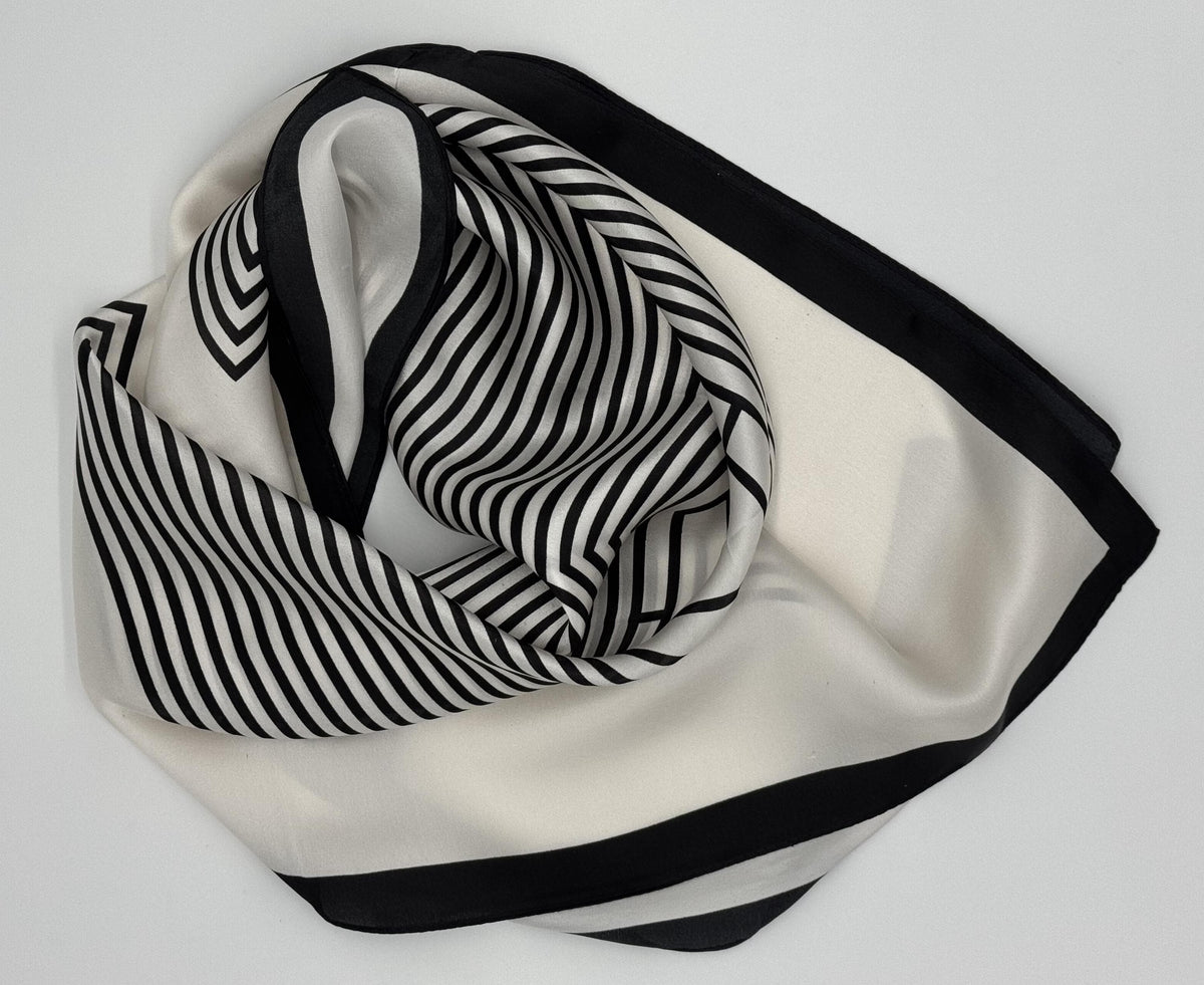 Beiges Seidentuch mit schwarzen Streifen – 100 % Seide, 90 x 90 cm | Elegantes quadratisches Halstuch